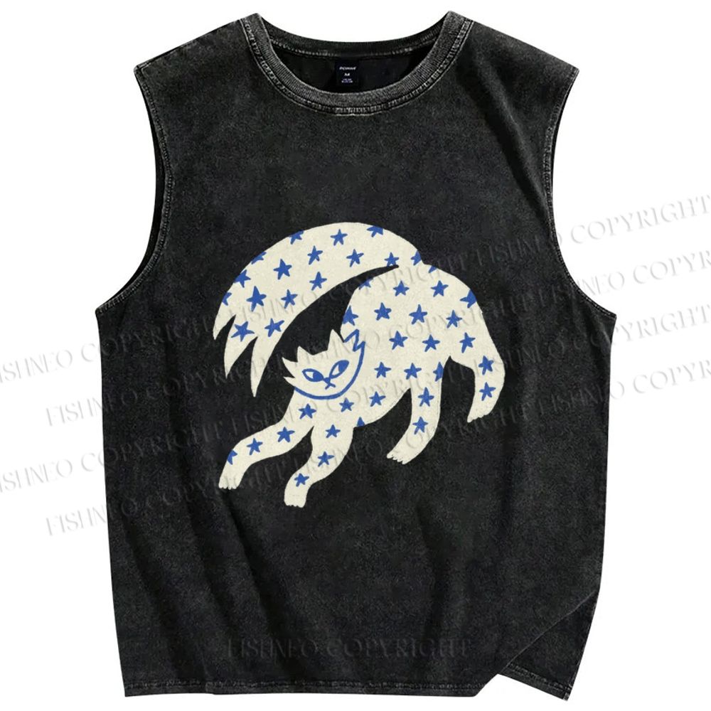 Unisex Star Cats Printed Washed Tank Top