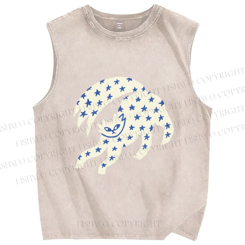 Unisex Star Cats Printed Washed Tank Top