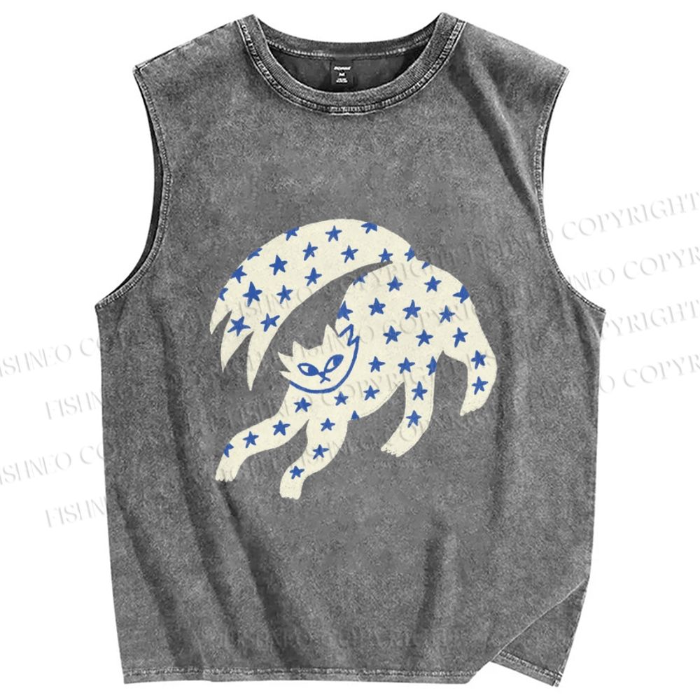 Unisex Star Cats Printed Washed Tank Top