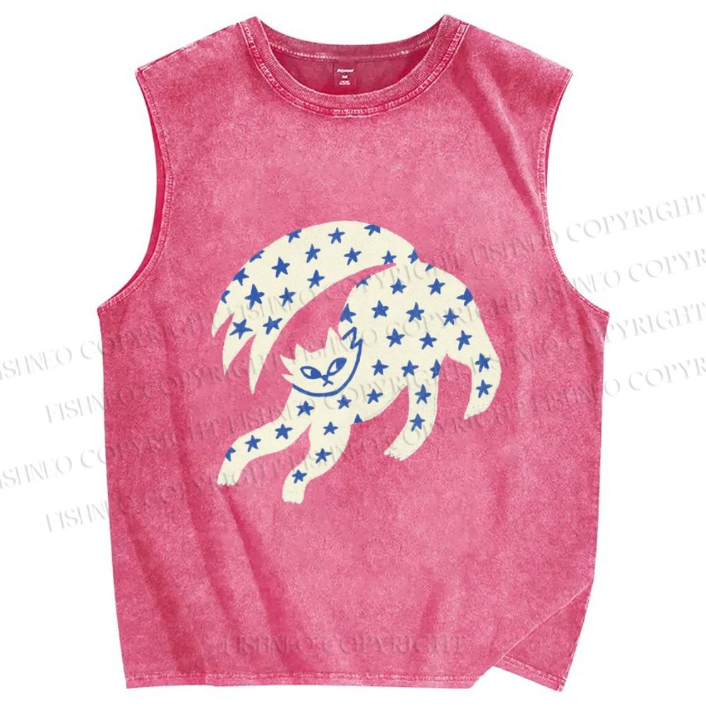 Unisex Star Cats Printed Washed Tank Top