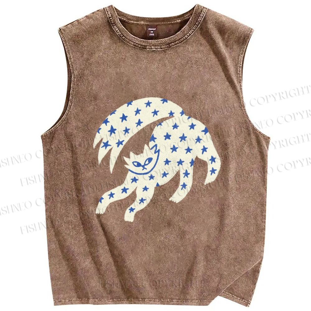 Unisex Star Cats Printed Washed Tank Top