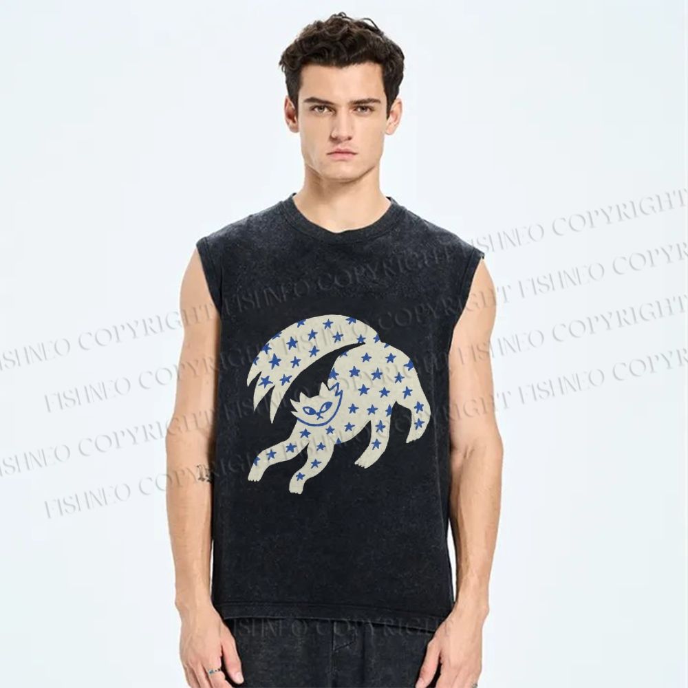 Unisex Star Cats Printed Washed Tank Top