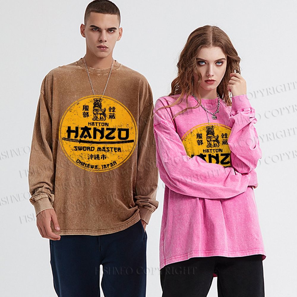 Unisex Casual Washed Hattori Hanzo Printed Long Sleeve T-shirt