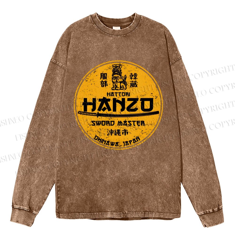 Unisex Casual Washed Hattori Hanzo Printed Long Sleeve T-shirt