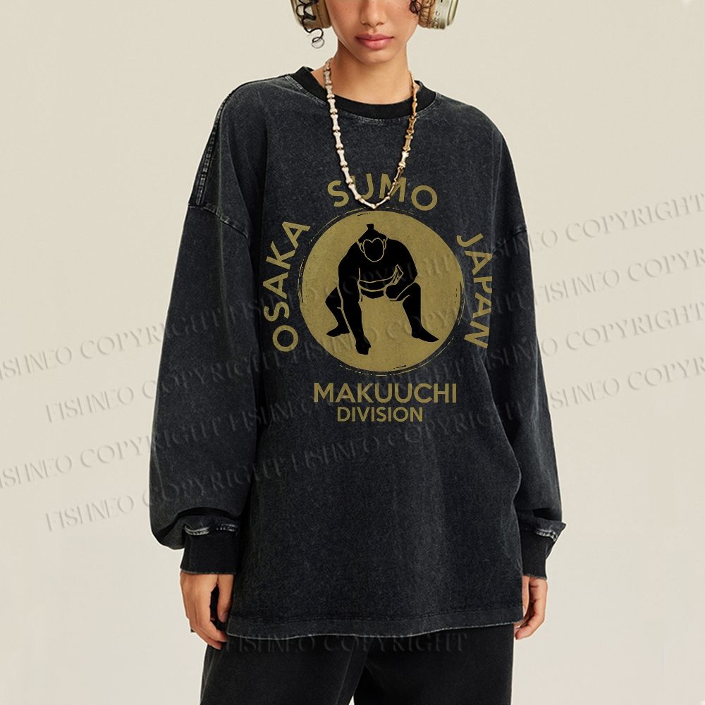 Unisex Casual Washed Sumo Wrestling Osaka Japan Printed Long Sleeve T-shirt