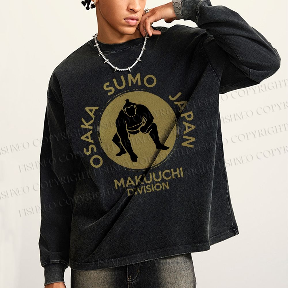Unisex Casual Washed Sumo Wrestling Osaka Japan Printed Long Sleeve T-shirt