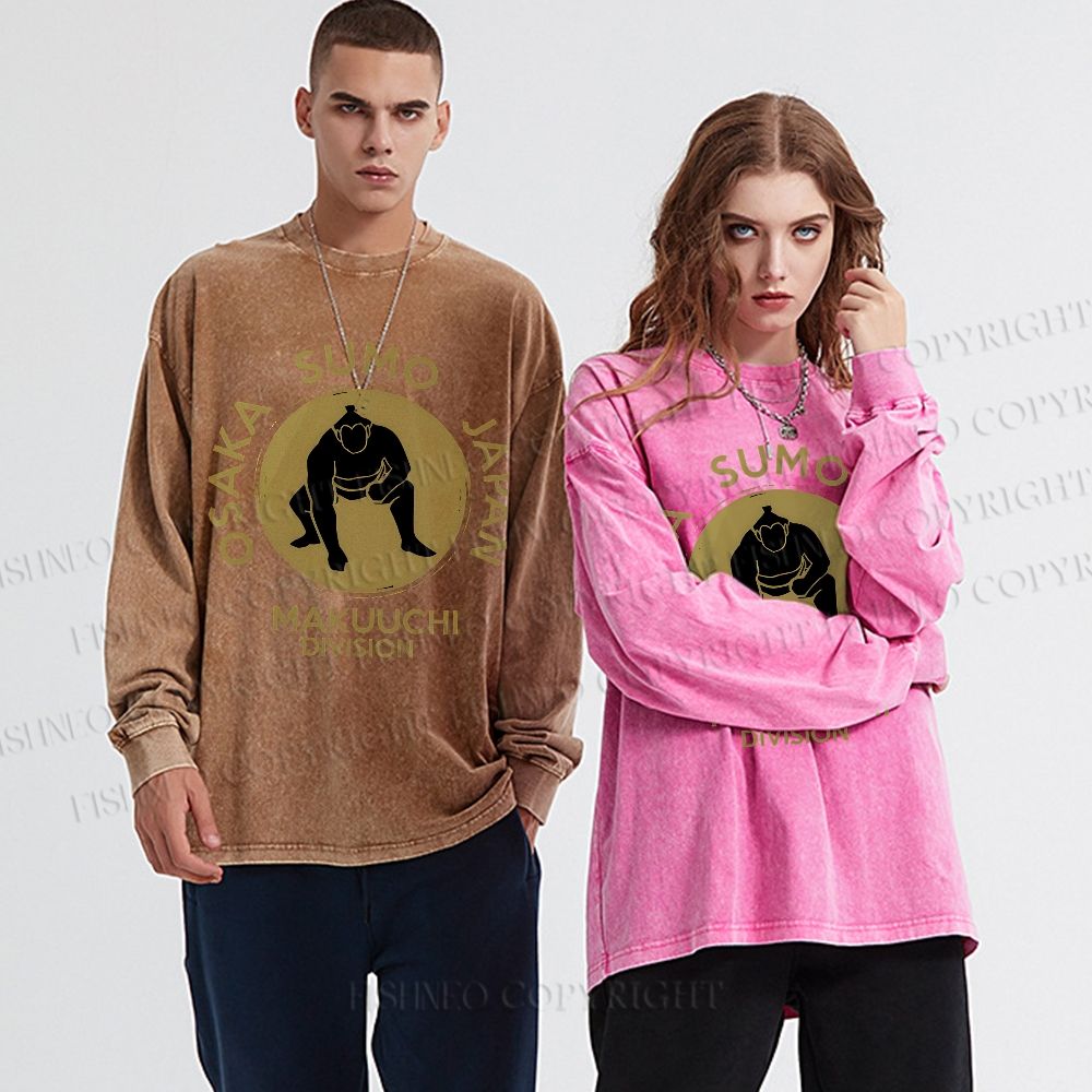 Unisex Casual Washed Sumo Wrestling Osaka Japan Printed Long Sleeve T-shirt