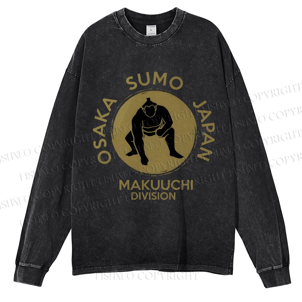 Unisex Casual Washed Sumo Wrestling Osaka Japan Printed Long Sleeve T-shirt