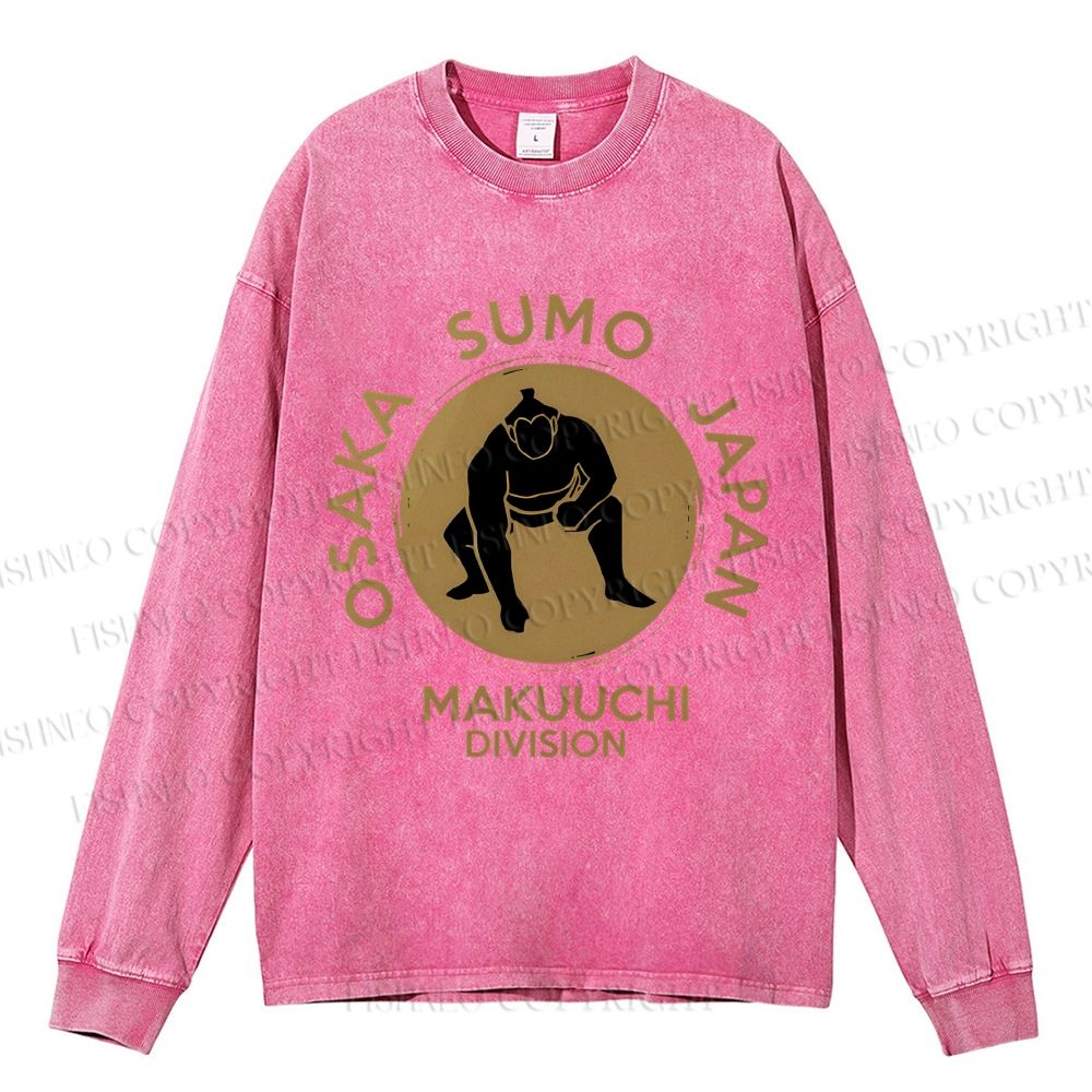 Unisex Casual Washed Sumo Wrestling Osaka Japan Printed Long Sleeve T-shirt
