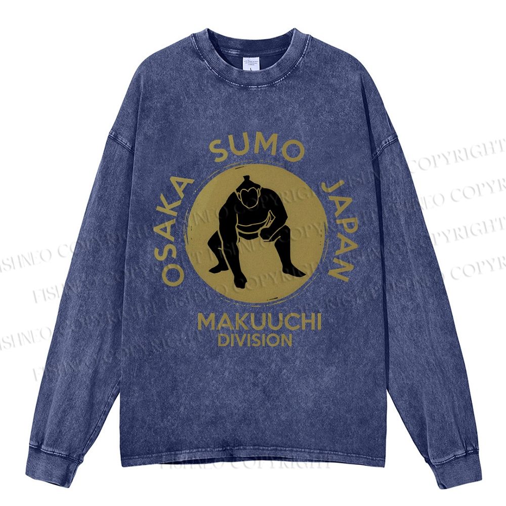 Unisex Casual Washed Sumo Wrestling Osaka Japan Printed Long Sleeve T-shirt