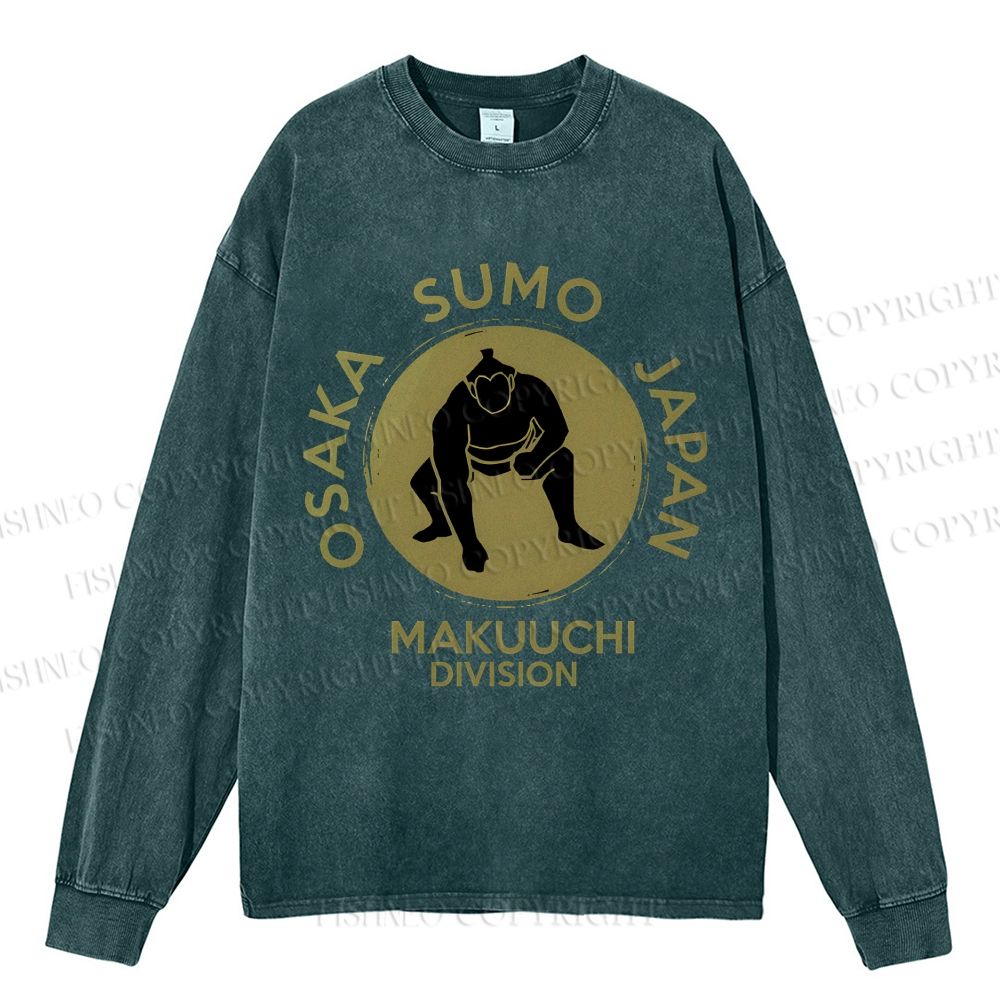 Unisex Casual Washed Sumo Wrestling Osaka Japan Printed Long Sleeve T-shirt