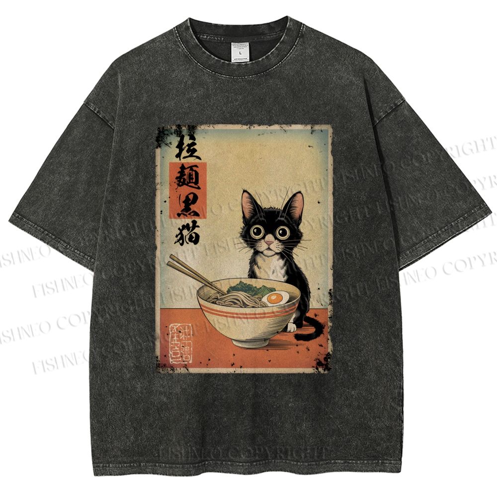 Unisex Ramen Black Cat Printed Washed Tee