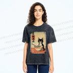 Unisex Ramen Black Cat Printed Washed Tee