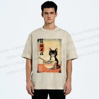 Unisex Ramen Black Cat Printed Washed Tee