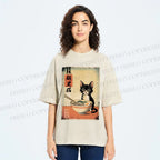 Unisex Ramen Black Cat Printed Washed Tee