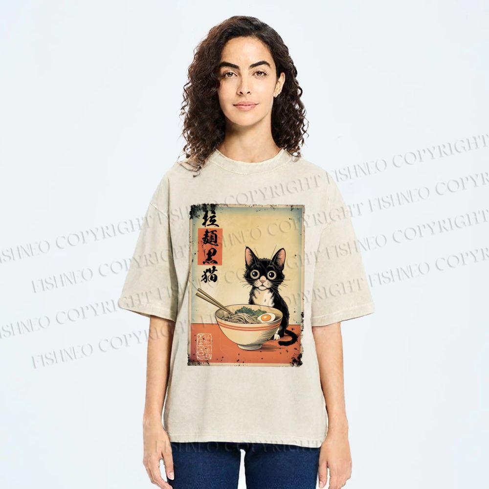Unisex Ramen Black Cat Printed Washed Tee