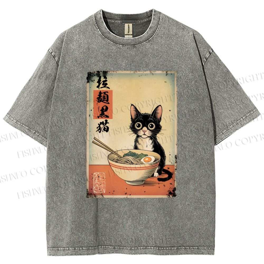 Unisex Ramen Black Cat Printed Washed Tee