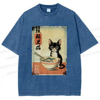 Unisex Ramen Black Cat Printed Washed Tee