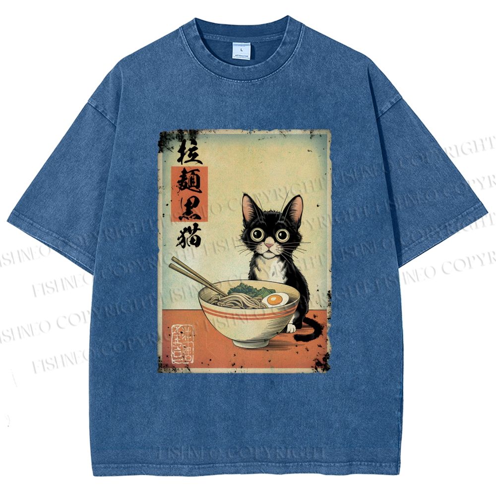 Unisex Ramen Black Cat Printed Washed Tee