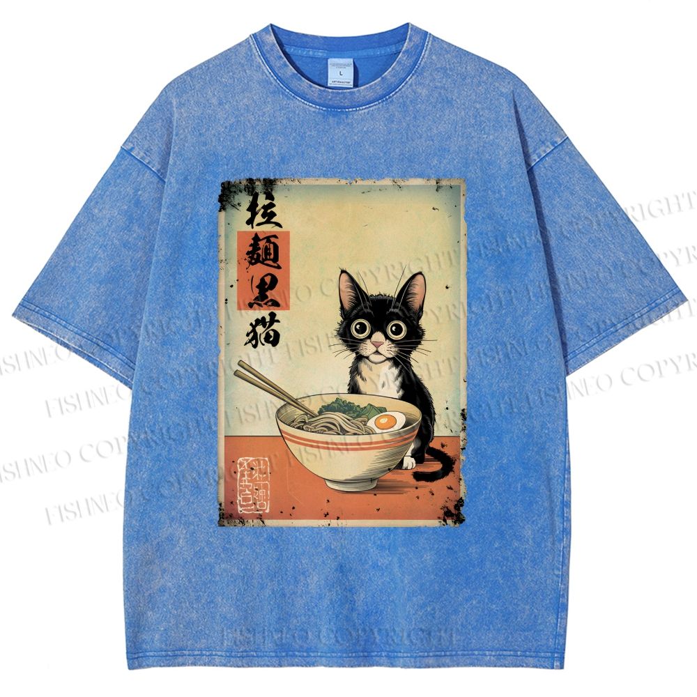 Unisex Ramen Black Cat Printed Washed Tee