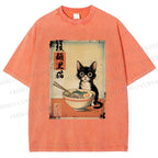 Unisex Ramen Black Cat Printed Washed Tee