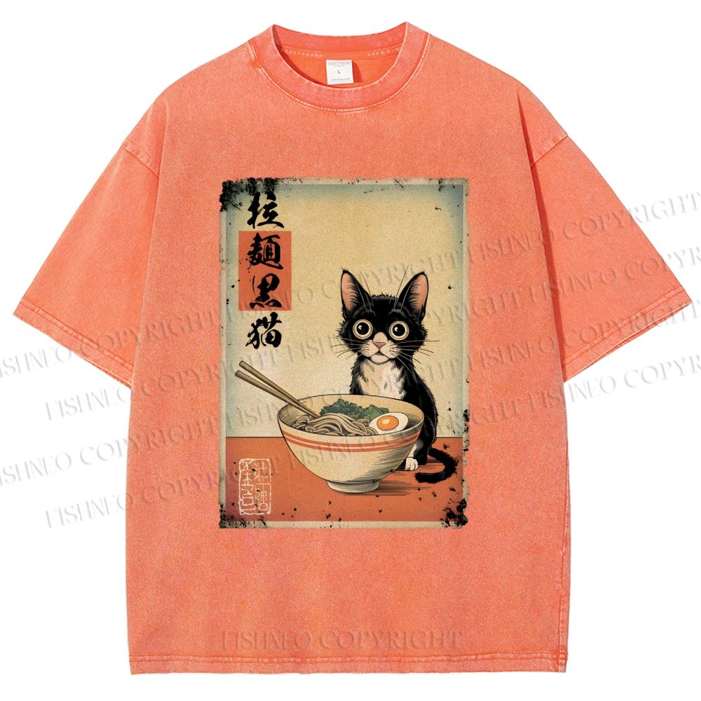 Unisex Ramen Black Cat Printed Washed Tee