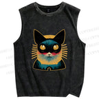 Unisex Art Cat Printed Washed Tank Top