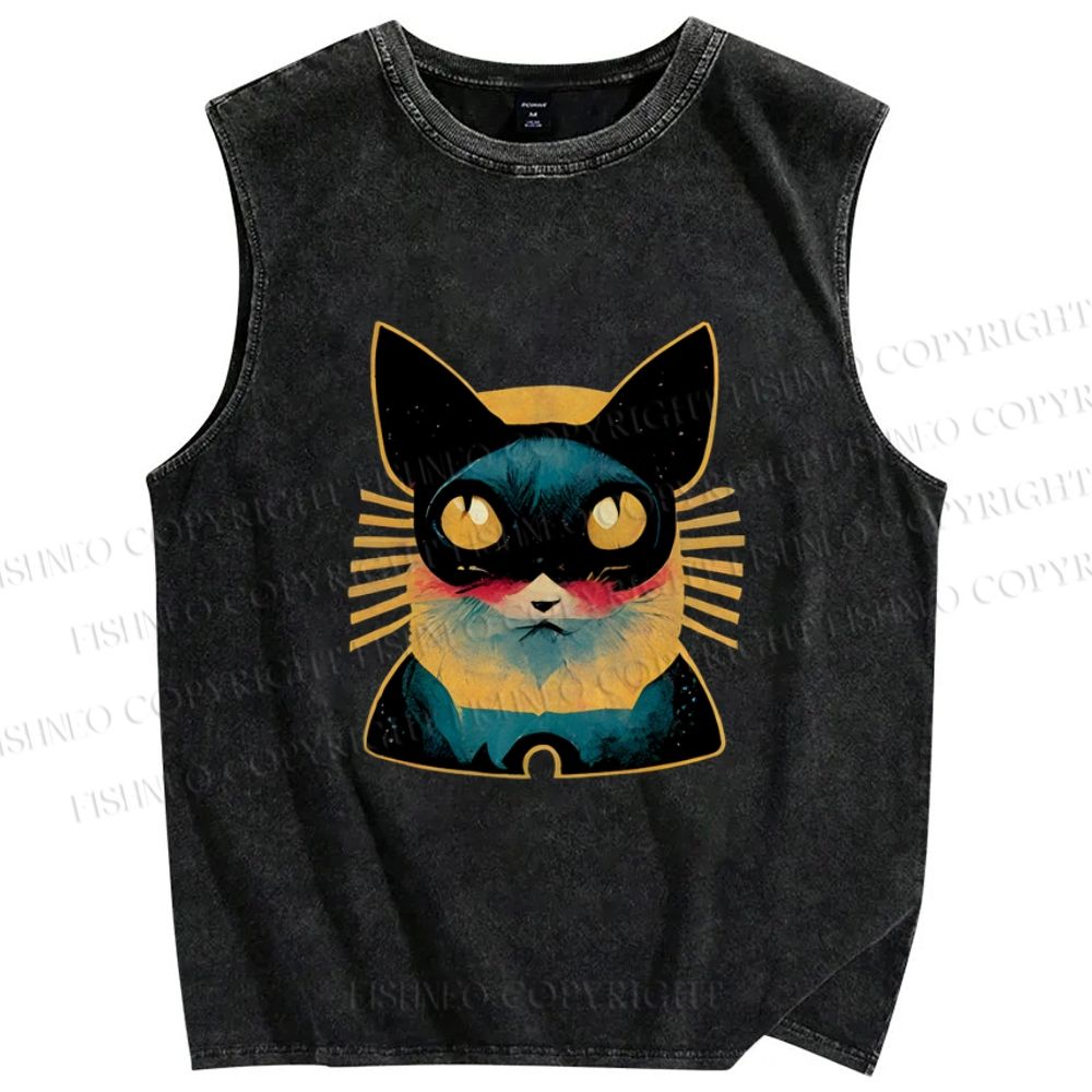 Unisex Art Cat Printed Washed Tank Top
