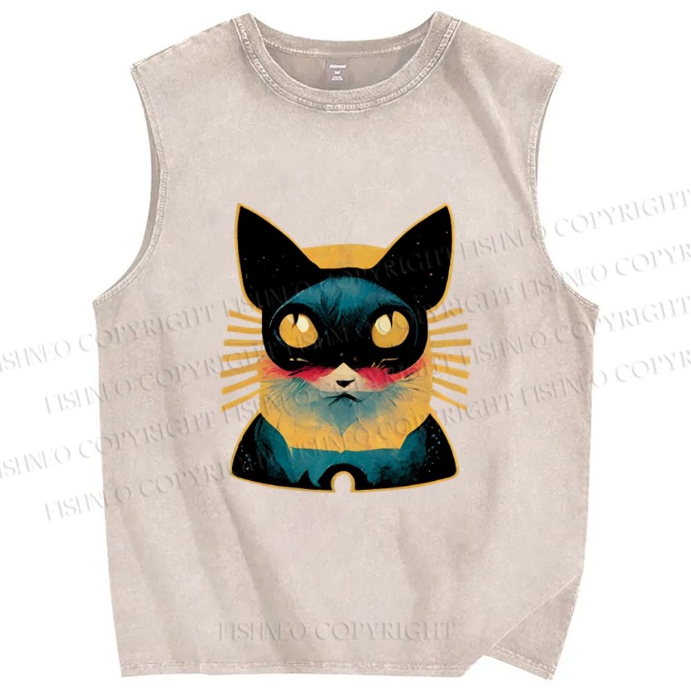Unisex Art Cat Printed Washed Tank Top