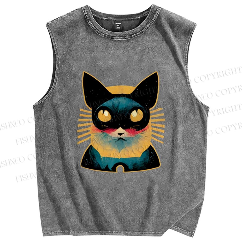 Unisex Art Cat Printed Washed Tank Top