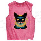 Unisex Art Cat Printed Washed Tank Top