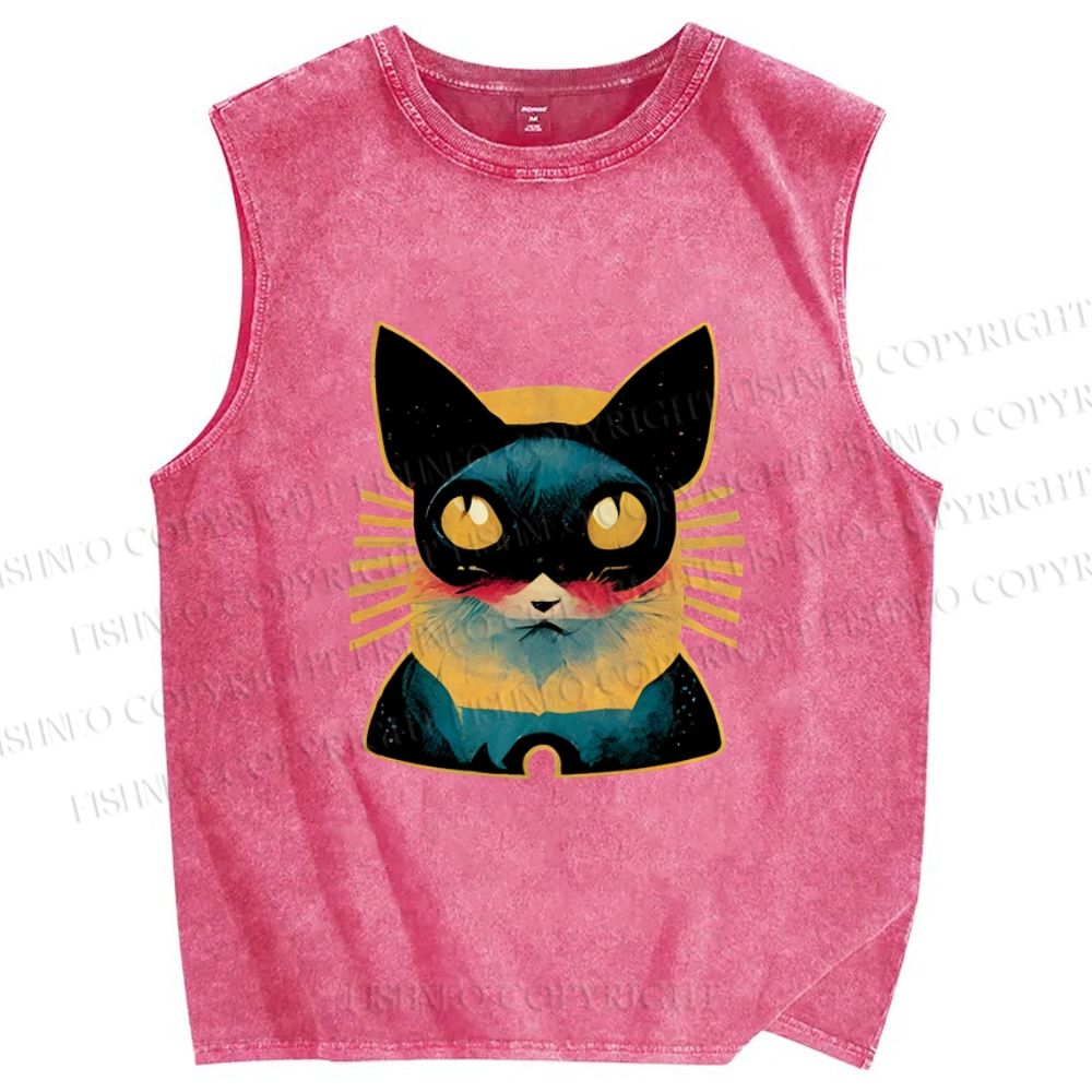 Unisex Art Cat Printed Washed Tank Top