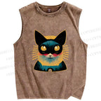 Unisex Art Cat Printed Washed Tank Top