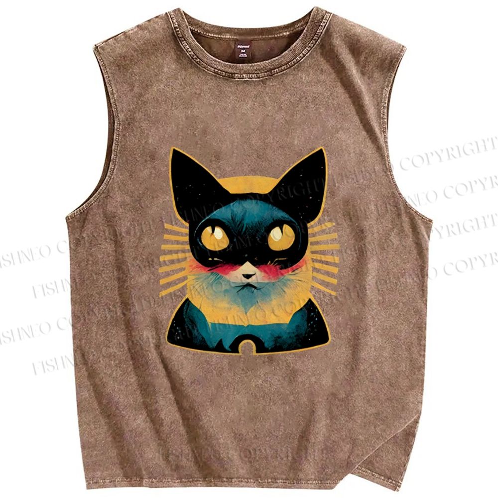 Unisex Art Cat Printed Washed Tank Top
