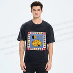 Unisex Sleeping Cat Cheese Mouse Graffiti Printed Washed Tee