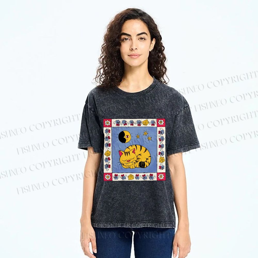 Unisex Sleeping Cat Cheese Mouse Graffiti Printed Washed Tee