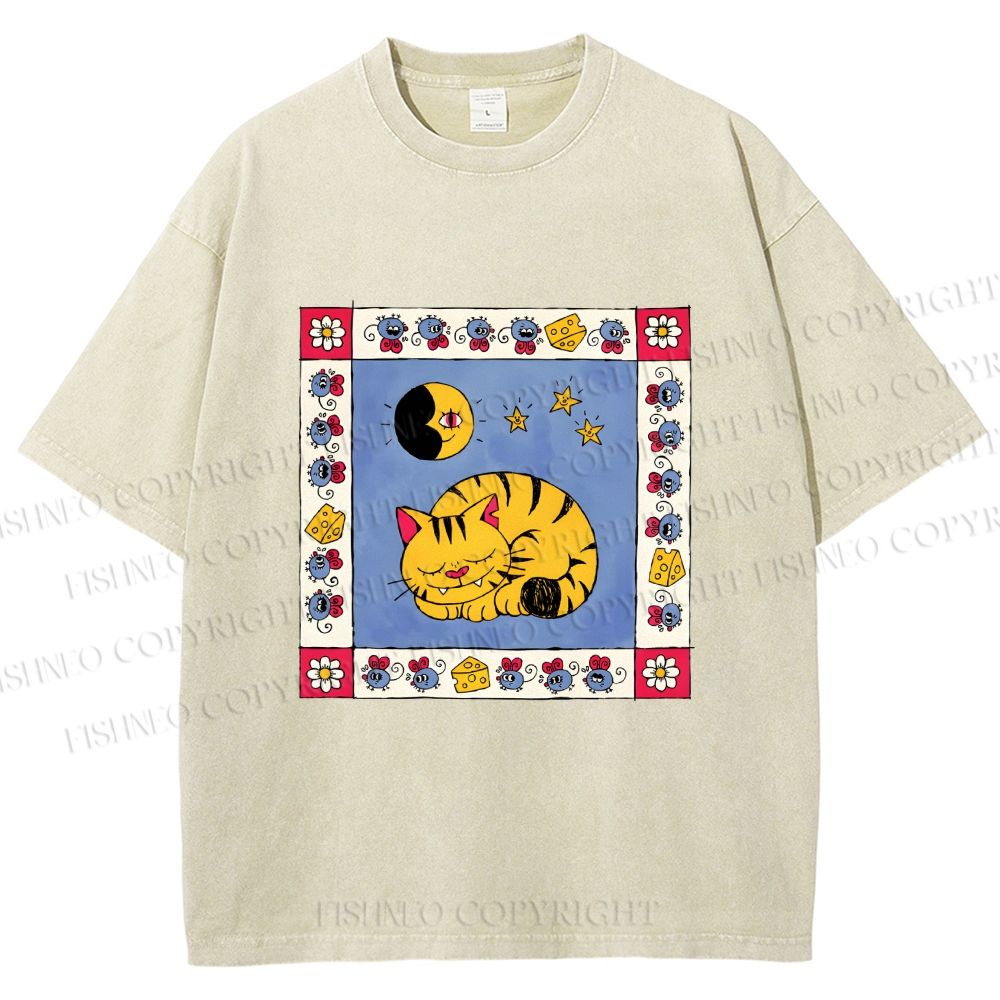 Unisex Sleeping Cat Cheese Mouse Graffiti Printed Washed Tee