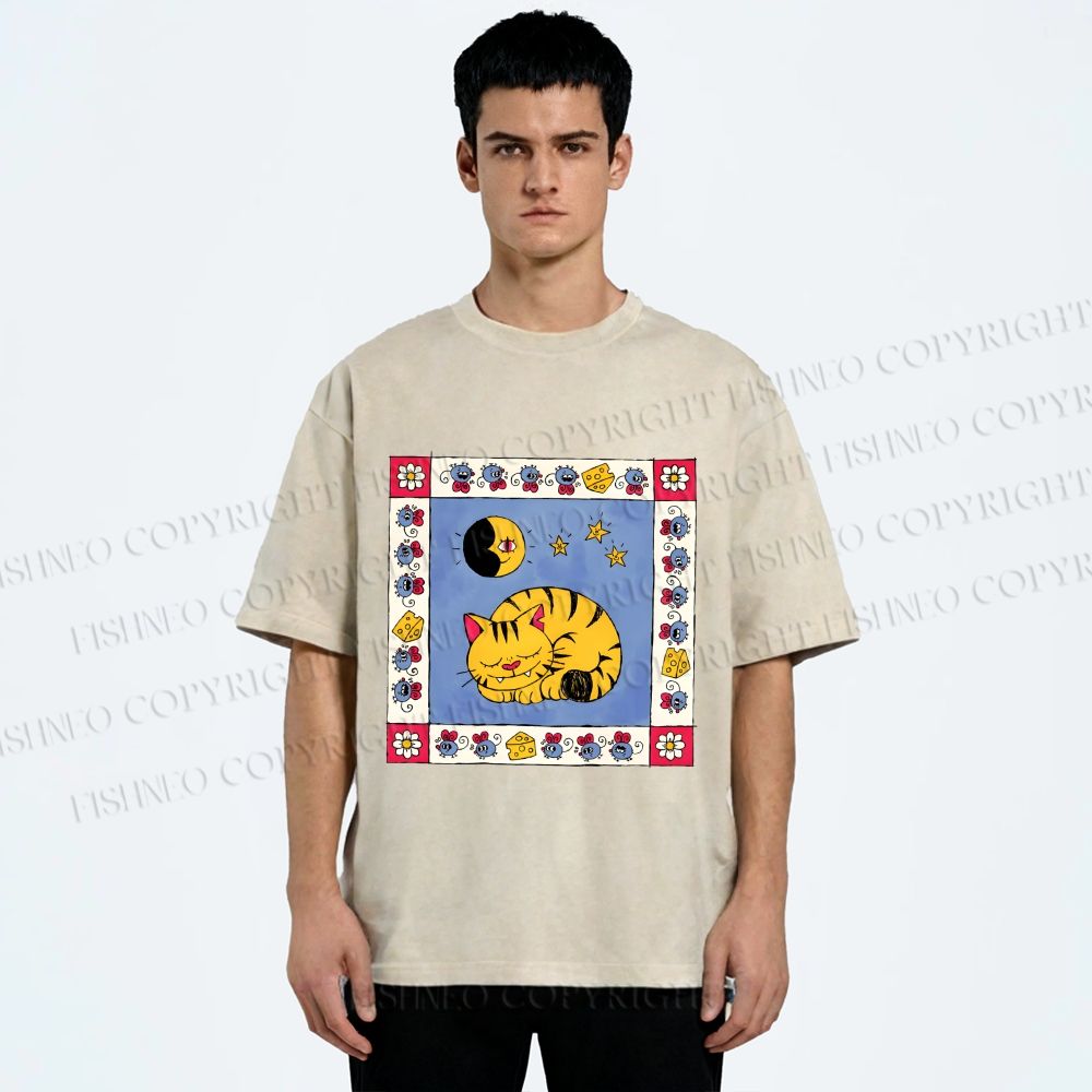 Unisex Sleeping Cat Cheese Mouse Graffiti Printed Washed Tee