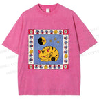 Unisex Sleeping Cat Cheese Mouse Graffiti Printed Washed Tee