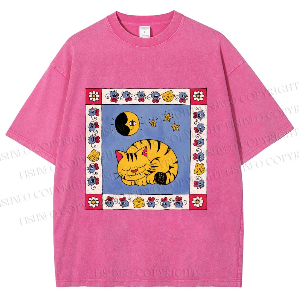 Unisex Sleeping Cat Cheese Mouse Graffiti Printed Washed Tee