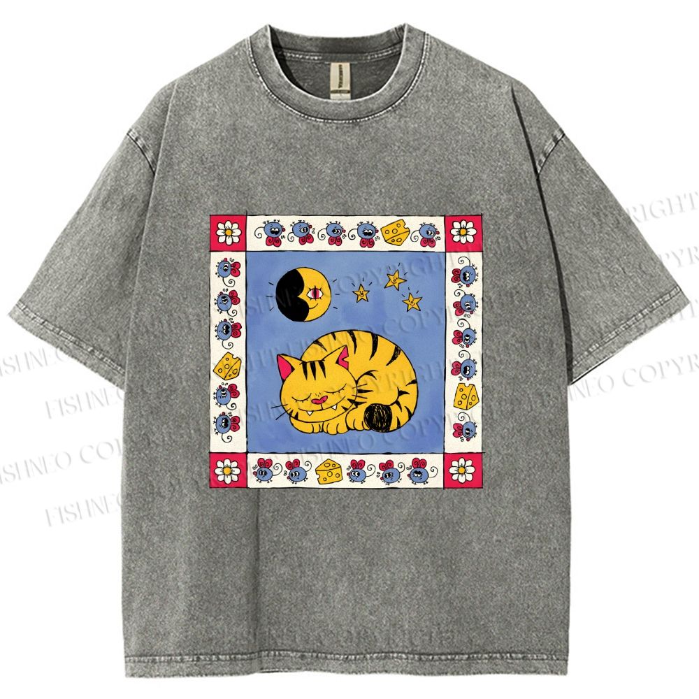 Unisex Sleeping Cat Cheese Mouse Graffiti Printed Washed Tee