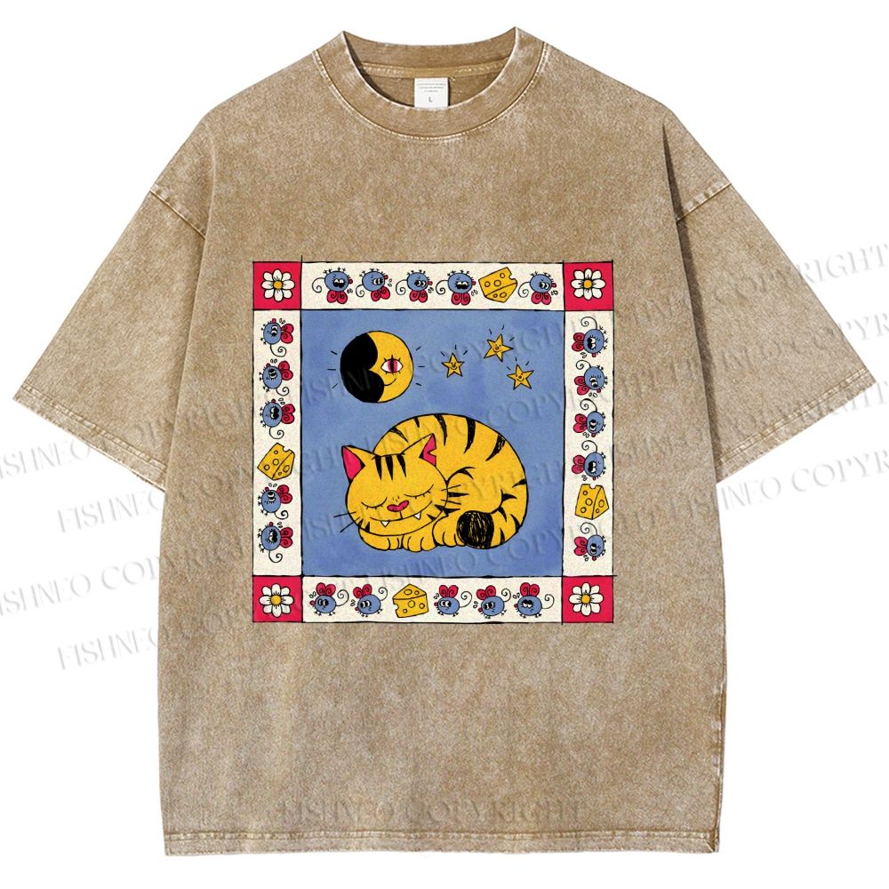 Unisex Sleeping Cat Cheese Mouse Graffiti Printed Washed Tee