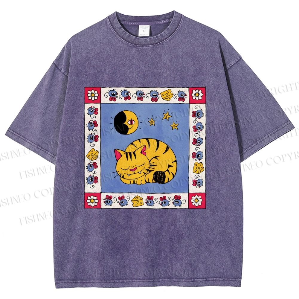 Unisex Sleeping Cat Cheese Mouse Graffiti Printed Washed Tee