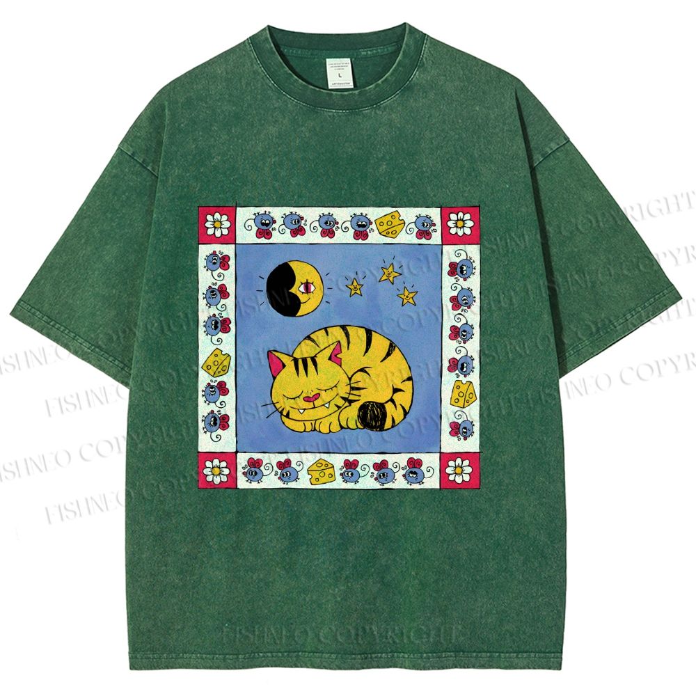 Unisex Sleeping Cat Cheese Mouse Graffiti Printed Washed Tee