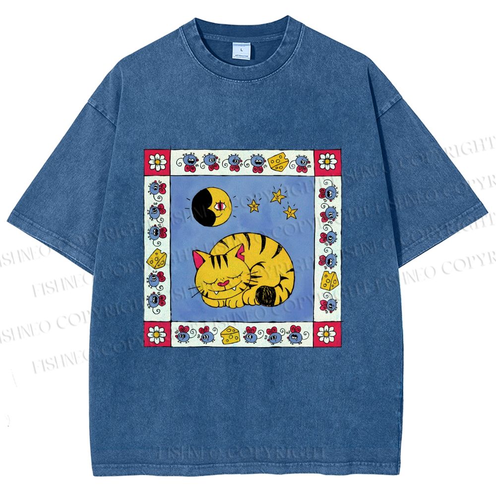 Unisex Sleeping Cat Cheese Mouse Graffiti Printed Washed Tee