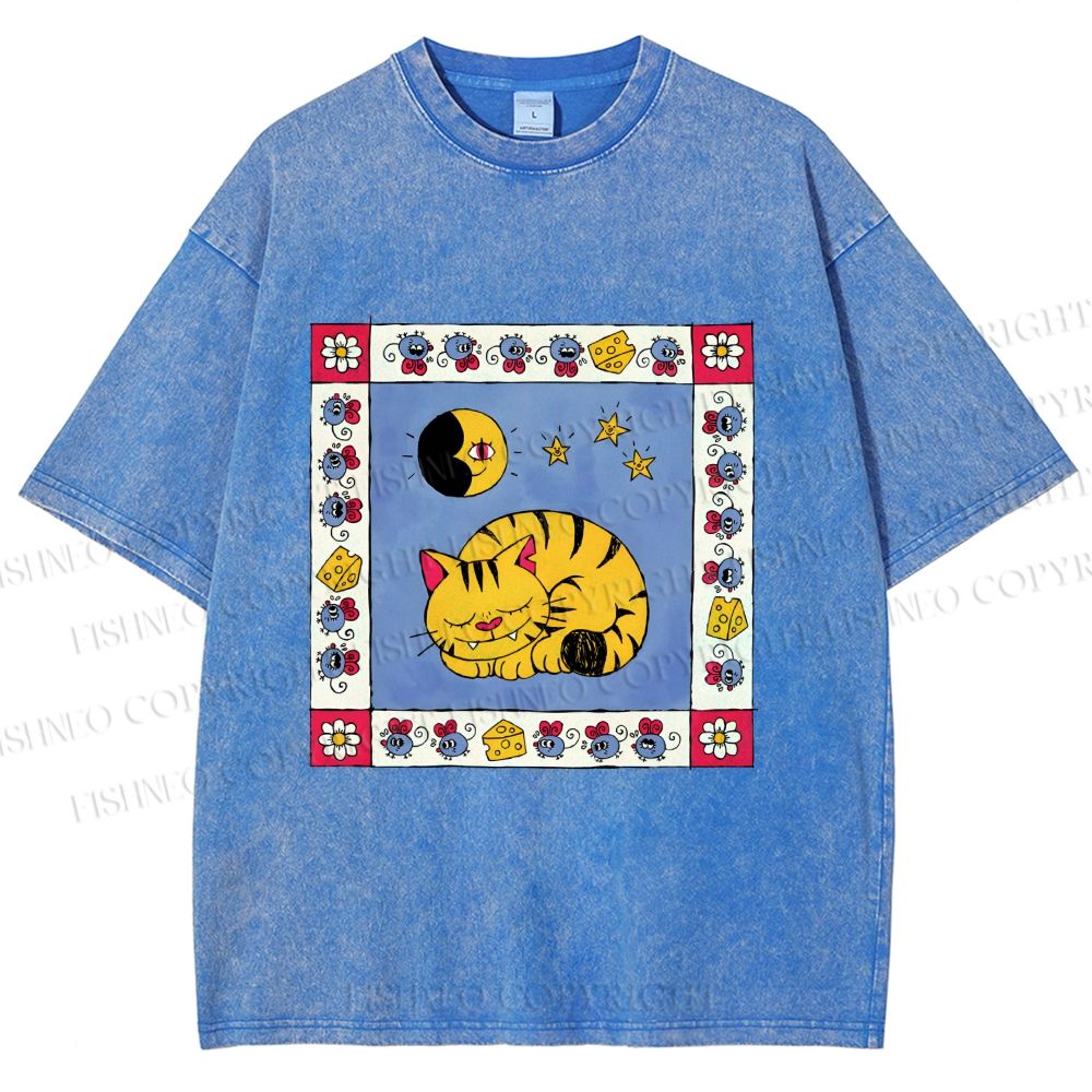 Unisex Sleeping Cat Cheese Mouse Graffiti Printed Washed Tee