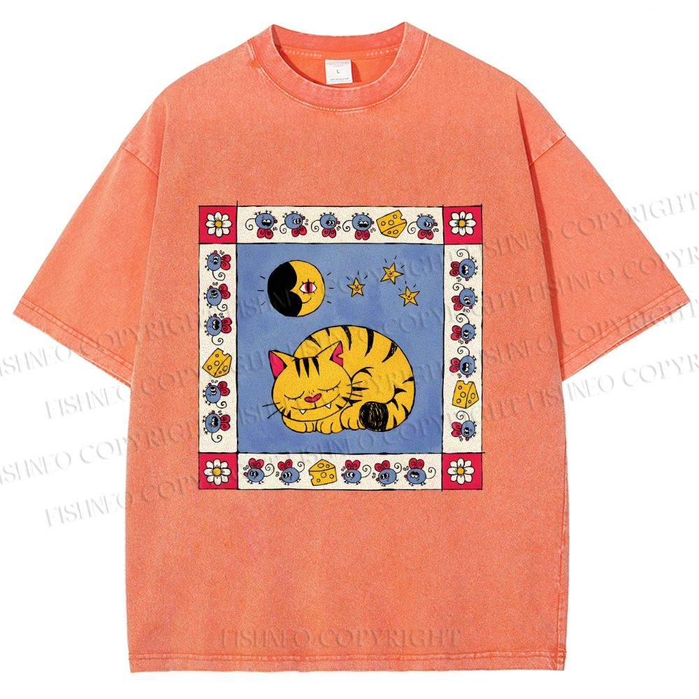 Unisex Sleeping Cat Cheese Mouse Graffiti Printed Washed Tee