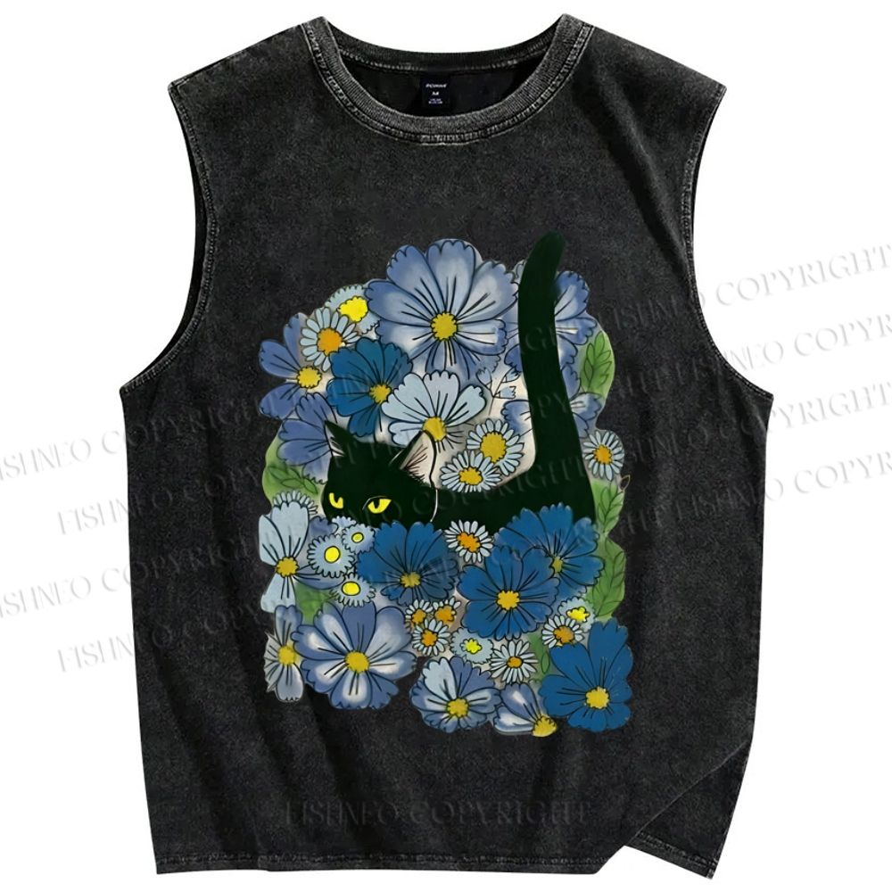 Unisex Black Cat Hiding in Cornflowers Printed Washed Tank Top