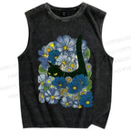 Unisex Black Cat Hiding in Cornflowers Printed Washed Tank Top