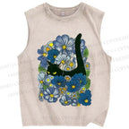 Unisex Black Cat Hiding in Cornflowers Printed Washed Tank Top